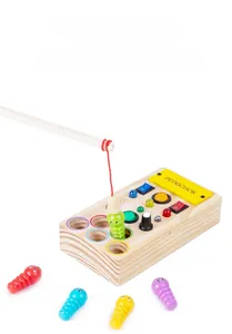 Detail of wooden Montessori busy board with colorful LED lights and magnetic fishing game