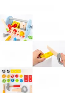 Collage of kids wooden toy toolkit set with wrench, hammer, nuts and bolts