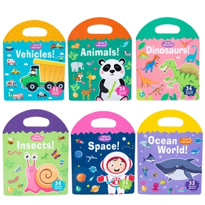 6-pack of educational reusable sticker books for kids featuring diverse cartoon themes