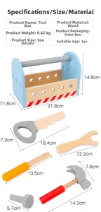 Detailed dimensions of a wooden DIY toy tool set including a blue carry box and simulation tools