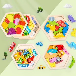 Creative wooden 3D puzzles for kids featuring fruit, dinosaur, and vehicle themes
