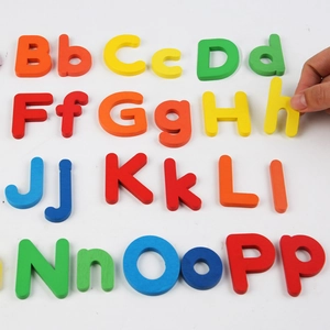 Educational wooden colorful English alphabet set with capital and lowercase letters