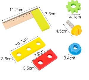 Detailed size chart of wooden DIY tool toy components with screws and gears