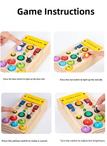 Detail of wooden busy board with colored LED lights and mechanical switches for kids