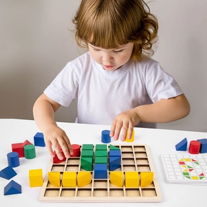 Wooden Montessori geometric puzzle set with colorful blocks and logic cards for kids