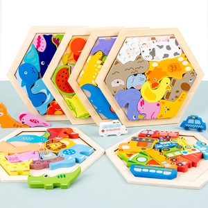 Wooden hexagonal puzzle set for children featuring animals, fruits and vehicles