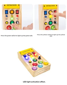 Detail showing fingers operating colorful LED switches on a wooden Montessori busy board