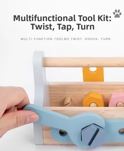 Close-up of a wooden toy wrench tightening hex bolts on a portable educational toolbox