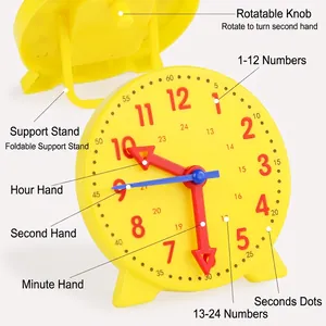 Educational children's yellow learning clock with 12/24 hour display and red blue hands