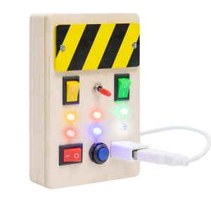 Close-up of wooden busy board with colorful LED lights, rocker switches and USB cable