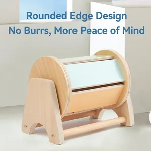 Montessori wooden spinning drum toy for infants with multi-colored rotating panels