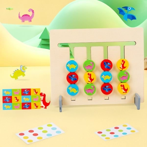 Montessori wooden dinosaur logic puzzle with colorful sliding blocks and challenge cards