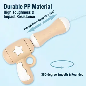 Minimalist beige kids backpack water gun with star handle on blue background
