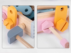 Detailed macro view of smooth wooden screw and nut assembly on child simulation toy kit