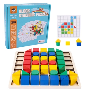 Educational wooden block puzzle set with geometric shapes and pattern guide cards for kids