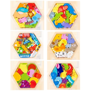 Educational hexagonal wooden jigsaw puzzles for children with diverse colorful themes