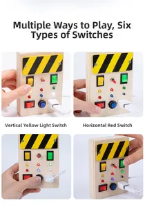 Detail of wooden Montessori busy board showing hand operating colorful LED toggle switches