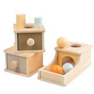 Montessori wooden object permanence box set with colorful geometric blocks for toddlers