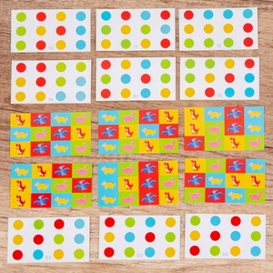 Montessori wooden puzzle toy with colorful dinosaur and dot logic cards for early learning