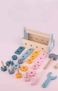 Detailed view of colorful wooden toy tools, nuts, and bolts for kids' DIY building