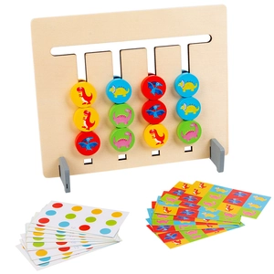 Montessori wooden dinosaur logic game with color matching sliders and challenge cards
