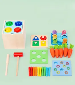 Jouet montessori multifonctionnel en bois avec pêche, carotte à tirer et tri de formes