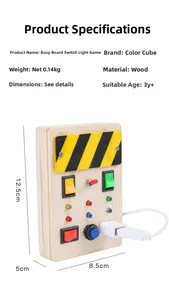 Detail view of wooden busy board toy with LED switches and dimensions 12.5x8.5x5cm