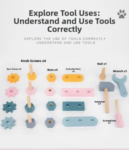 Flat lay of macaron-colored wooden toy tools including hammer, wrench, and screws for kids