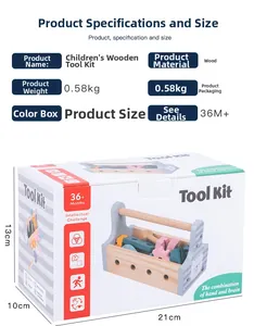 Kids wooden tool kit packaging box with dimensions 21x10x13cm and 0.58kg weight specs
