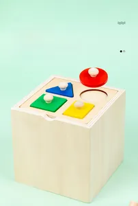 Vue détaillée de la boîte à formes Montessori en bois avec des blocs géométriques