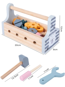 Detailed view of kids wooden tool box with dimensions showing hammer and wrench set