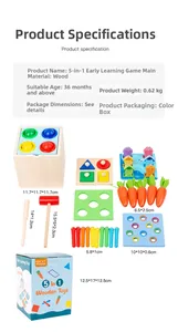 Dimensions détaillées du jouet éducatif Montessori 5-en-1 en bois avec pêche et récolte
