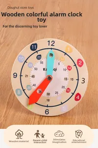Close-up of wooden clock toy with 24-hour scales and colorful numbers for kids