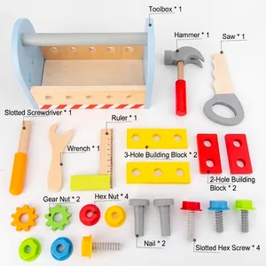 Kids wooden toy tool box set with hammer and gears in soft pastel macaron colors