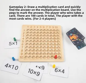Gioco educativo in legno con tavola pitagorica 10x10, pedine colorate e carte quiz