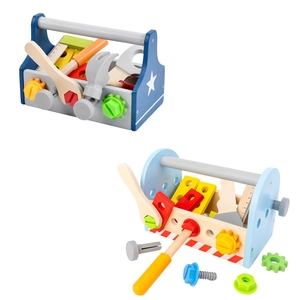 DIY wooden kids tool box set with simulated blue toy hammer, wrench, and screws