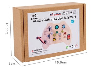 Eco-friendly corrugated box packaging for wooden LED busy board toy measuring 15.5x10.5x5cm