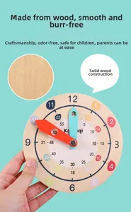 Macro detail of educational wooden clock toy for kids learning time and numbers