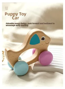 Wooden puppy push-along toy car with pastel wheels for baby crawling practice