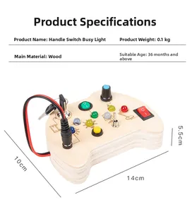 Detail of wooden game controller busy board with LED lights and tactile switches for kids