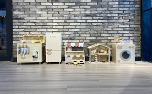 Nordic wooden toy kitchen set featuring cream-colored fridge, stove, and laundry station