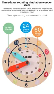 Detailed view of wooden teaching clock with 12/24 hour scales for learning time