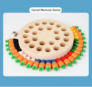 Macro view of wooden carrot memory chess board game showing colorful pieces and dice