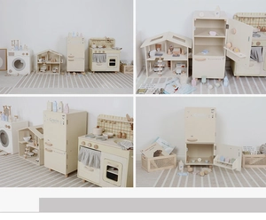 Detailed four-grid view showing cream wooden kitchen playset and refrigerator