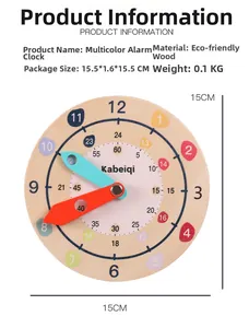 Detailed view of educational wooden clock with colorful hands and hour markers