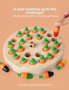 Top-down view of 24 wooden mushroom radish memory chess pieces with 6 colorful bases
