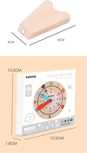 Detailed view of the wooden educational clock showing magnetic pieces and primary dimensions