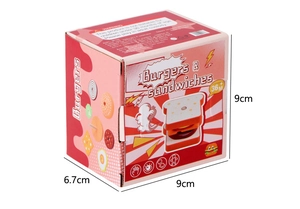 Three-dimensional view of play food box showing dimensions 9cm x 9cm x 6.7cm for kids