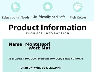 Detailed size chart for Montessori work carpets in large, medium, and small dimensions