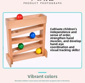 Detailed view of wooden visual tracking toy with four tiers and colorful balls for toddlers